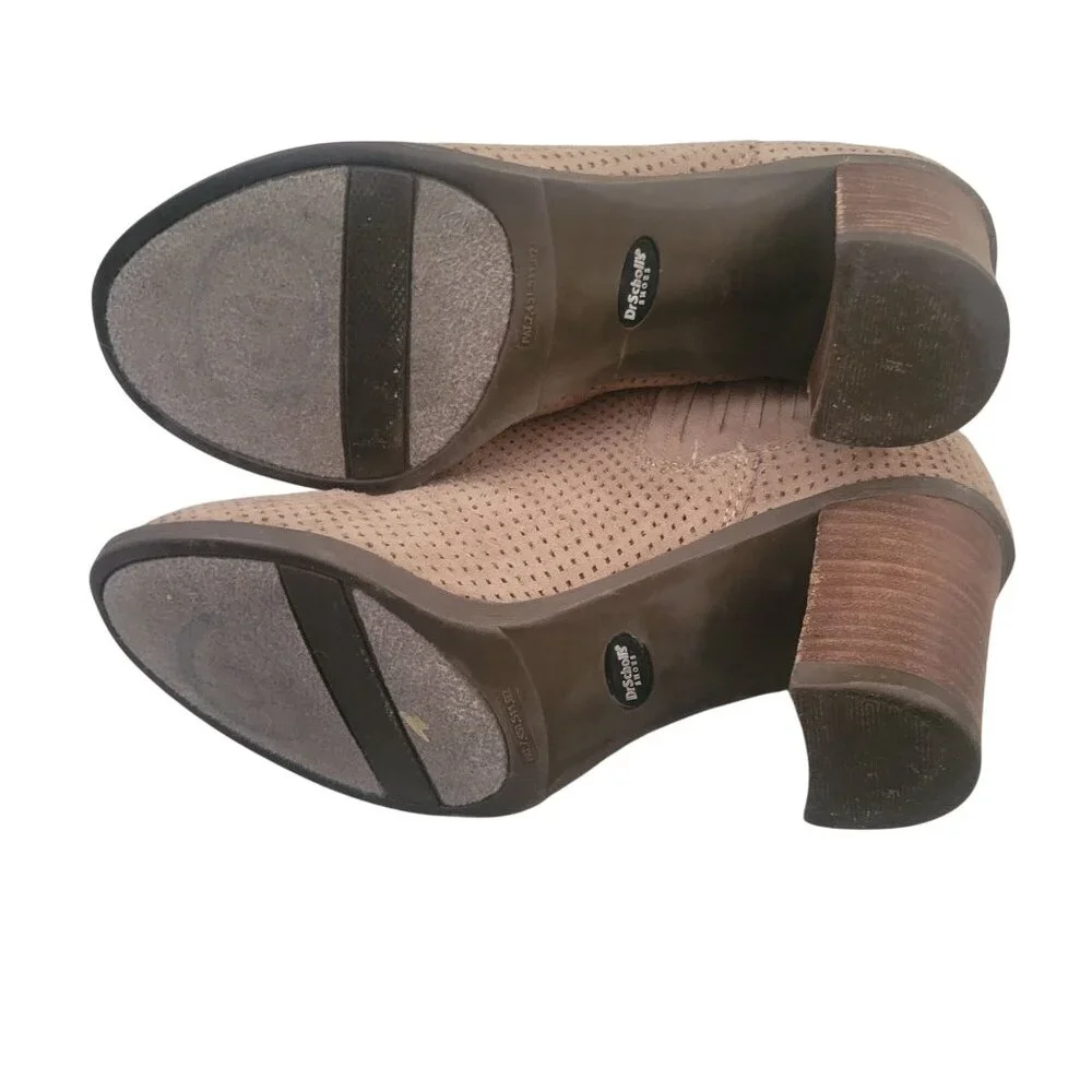 Tan Perforated Suede Ankle Boots With Block Heels & Elastic Side Panels Size 8.5